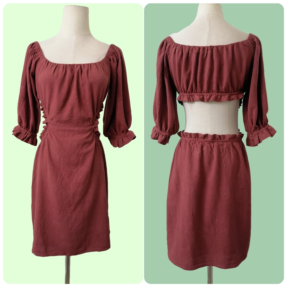 sz: S, maroon off the shoulder cutout waist mid-sleeved linen blend dress